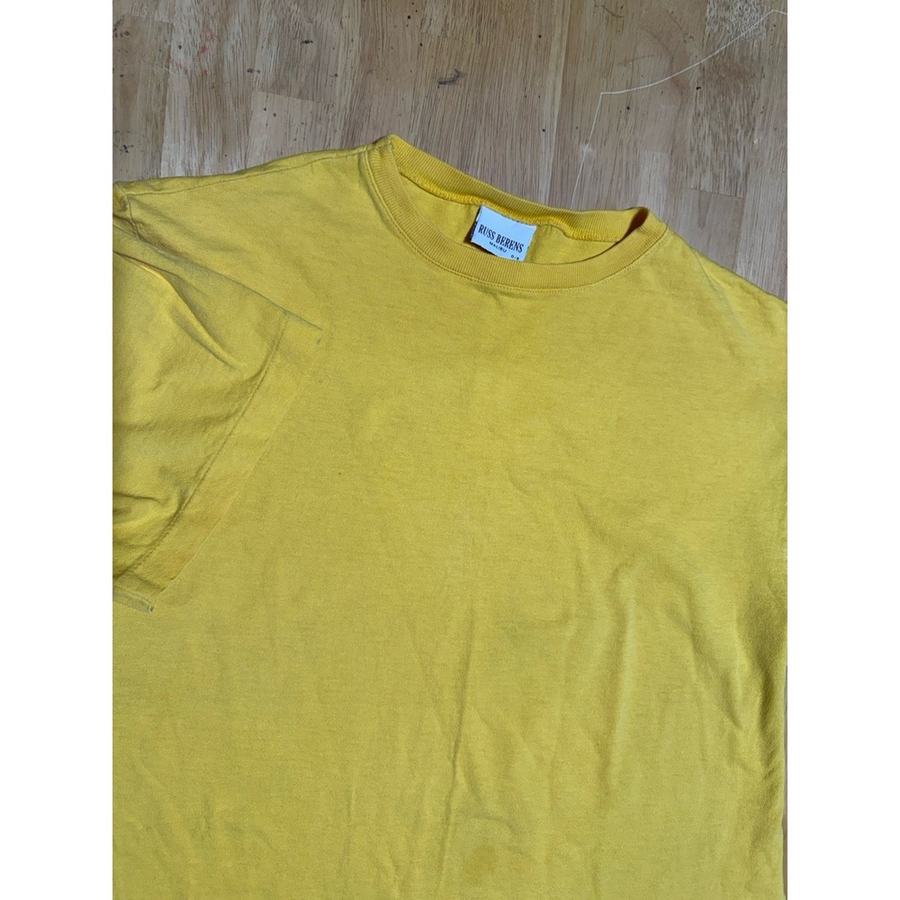 Vintage Russ Berens Blank Yellow T Shirt Single Stitch USA Made Mens L 90s